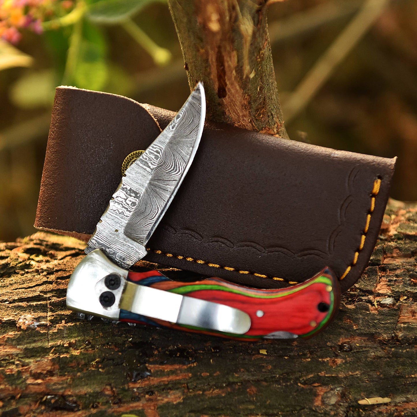 Custom Handmade Damascus Camping Folding Pocket Knife Wood Handle