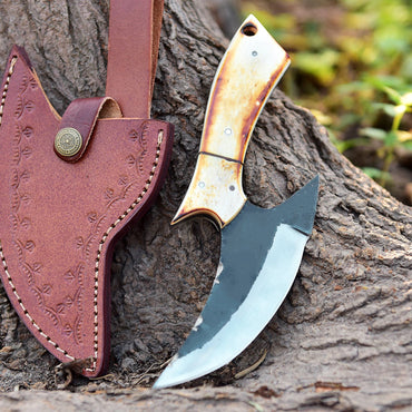 Handmade Carbon Steel Blade Ulu Kitchen Chef Knife Camel Bone Handle