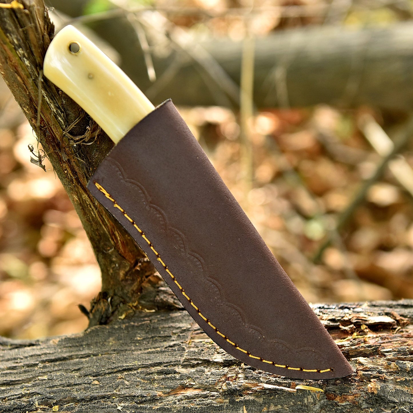 Handmade Damascus Steel Skinning Knife Wood Camel Bone Handle With Sheath