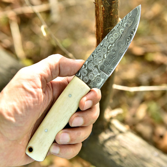 Custom Damascus Steel Skinner Hiking Camping Hunting Knife Camel Bone Handle