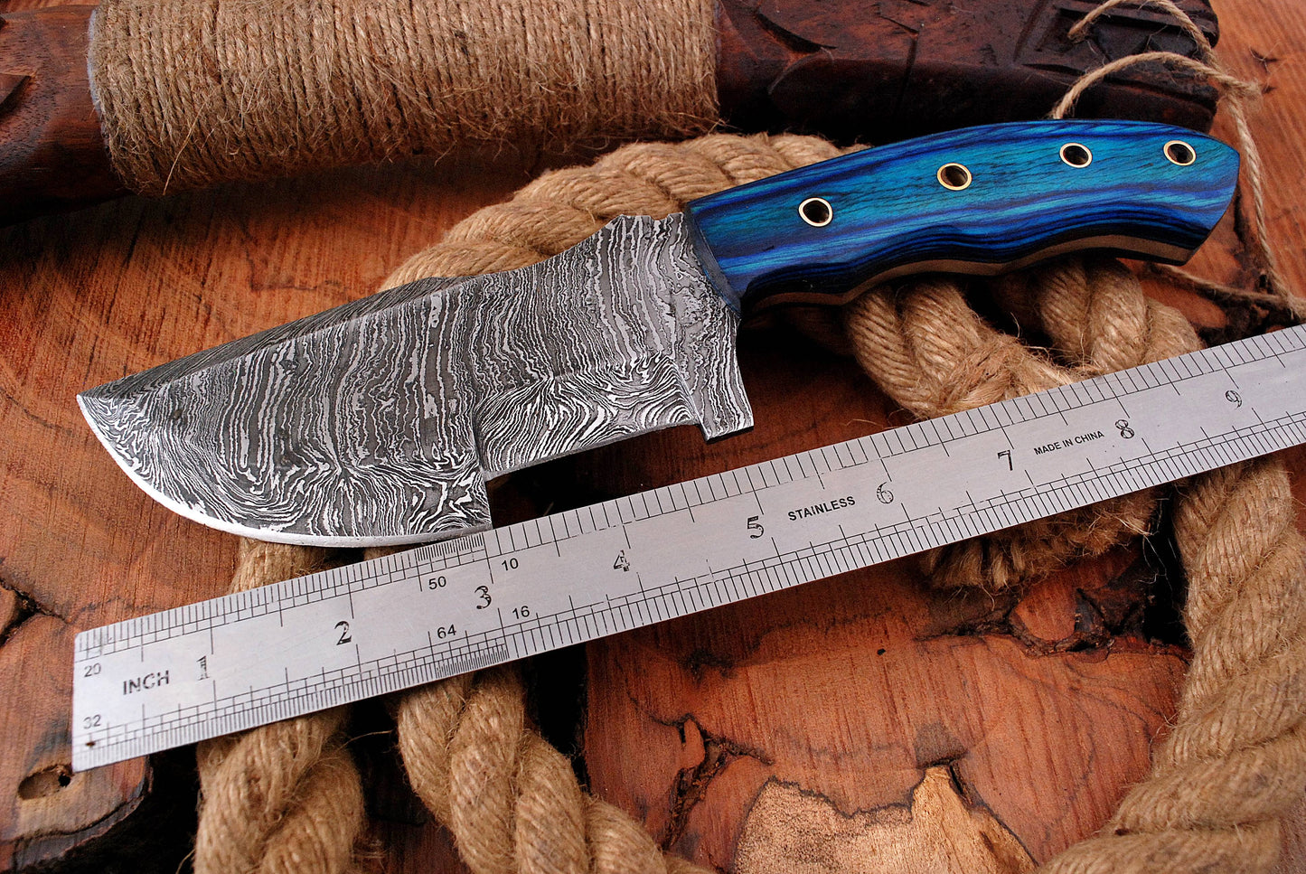 10' Tracker Knife Forged Damascus Steel Full Tang Hunting Knives Blue Stain Wood Handle
