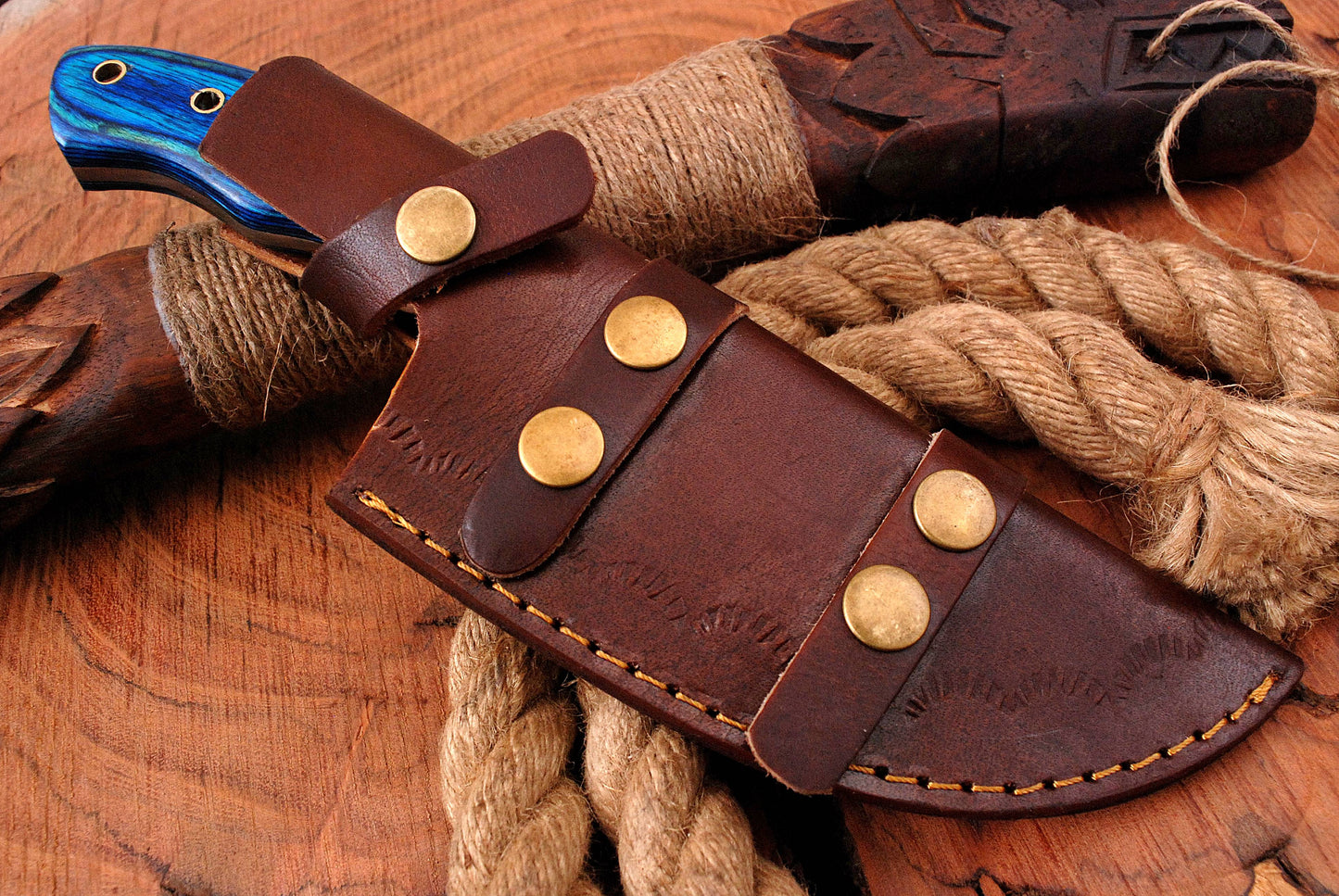 10' Tracker Knife Forged Damascus Steel Full Tang Hunting Knives Blue Stain Wood Handle