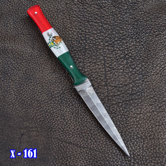 Handmade Damascus Steel Double Edged Blade Knife with Mexican Flag Handle Boot Knives