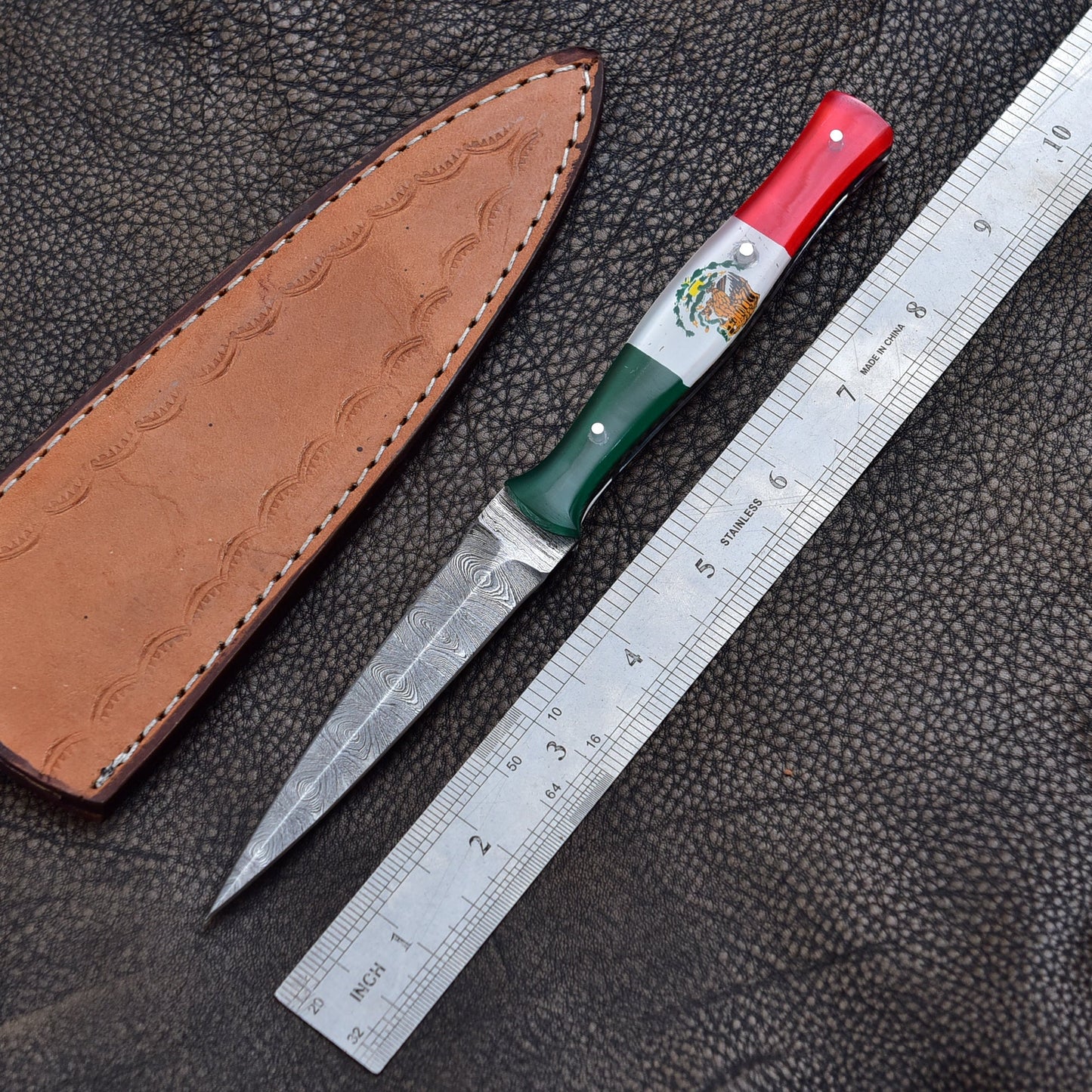 Handmade Damascus Steel Double Edged Blade Knife with Mexican Flag Handle Boot Knives