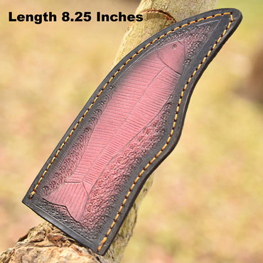 Hand Stitched Premium Goat Leather Fish Engraved Fixed Blade Knife Sheath