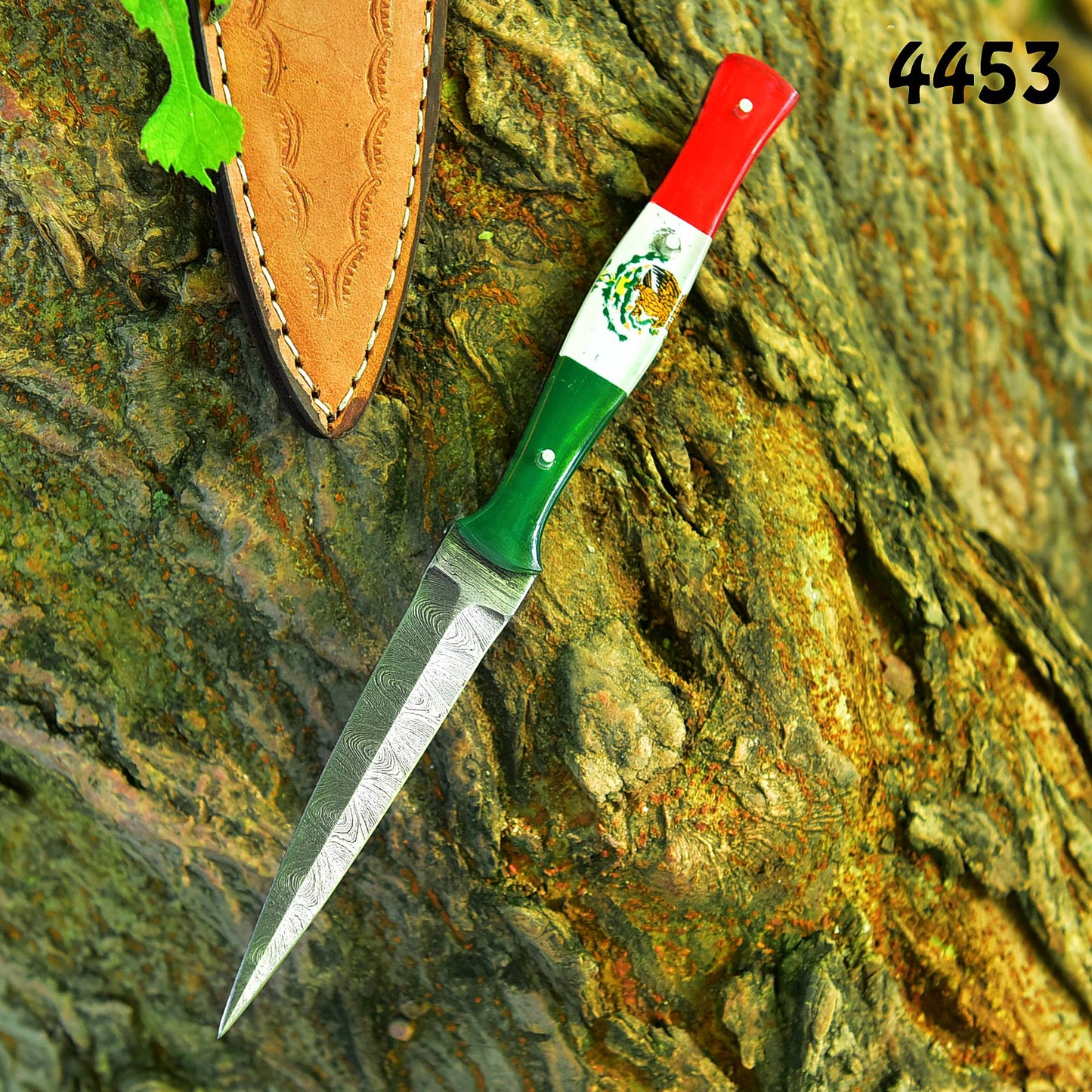 Handmade Damascus Steel Double Edged Blade Knife with Mexican Flag Handle Boot Knives