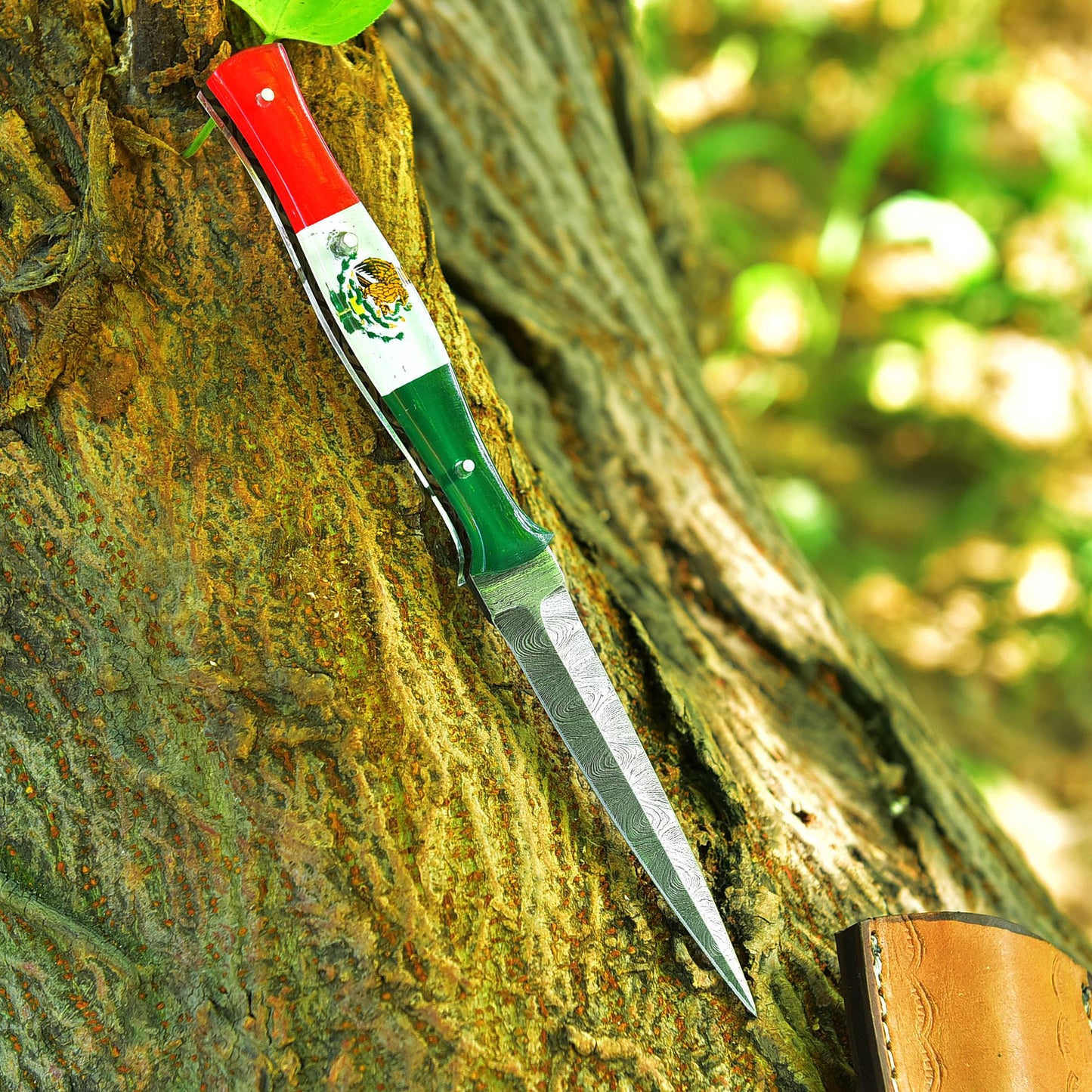 Handmade Damascus Steel Double Edged Blade Knife with Mexican Flag Handle Boot Knives