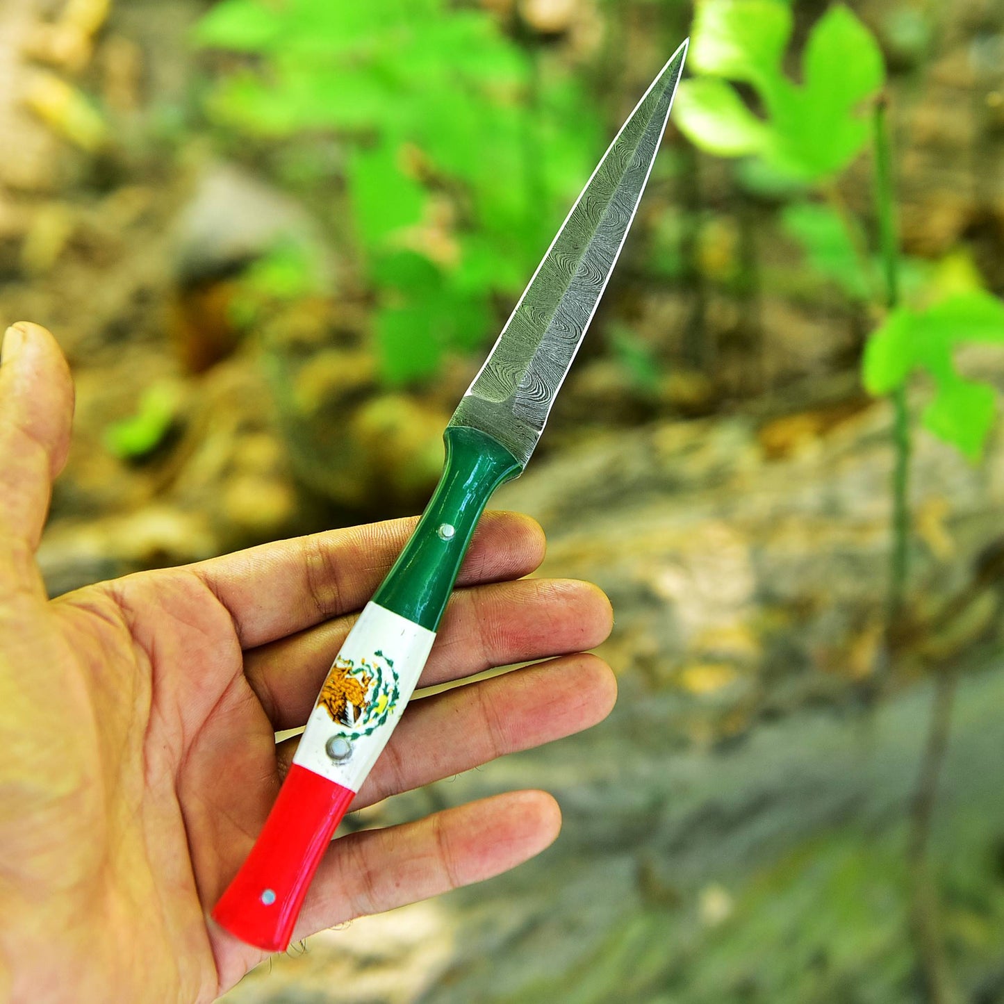 Handmade Damascus Steel Double Edged Blade Knife with Mexican Flag Handle Boot Knives