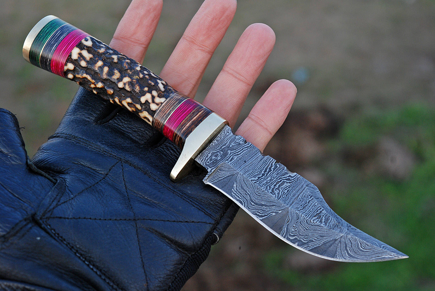 Handmade Damascus Steel Hunting Knife Original Stag Handle & Brass Guard with Leather Sheath