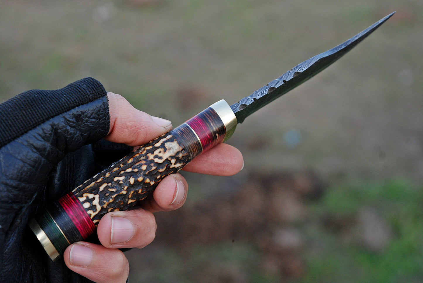 Handmade Damascus Steel Hunting Knife Original Stag Handle & Brass Guard with Leather Sheath