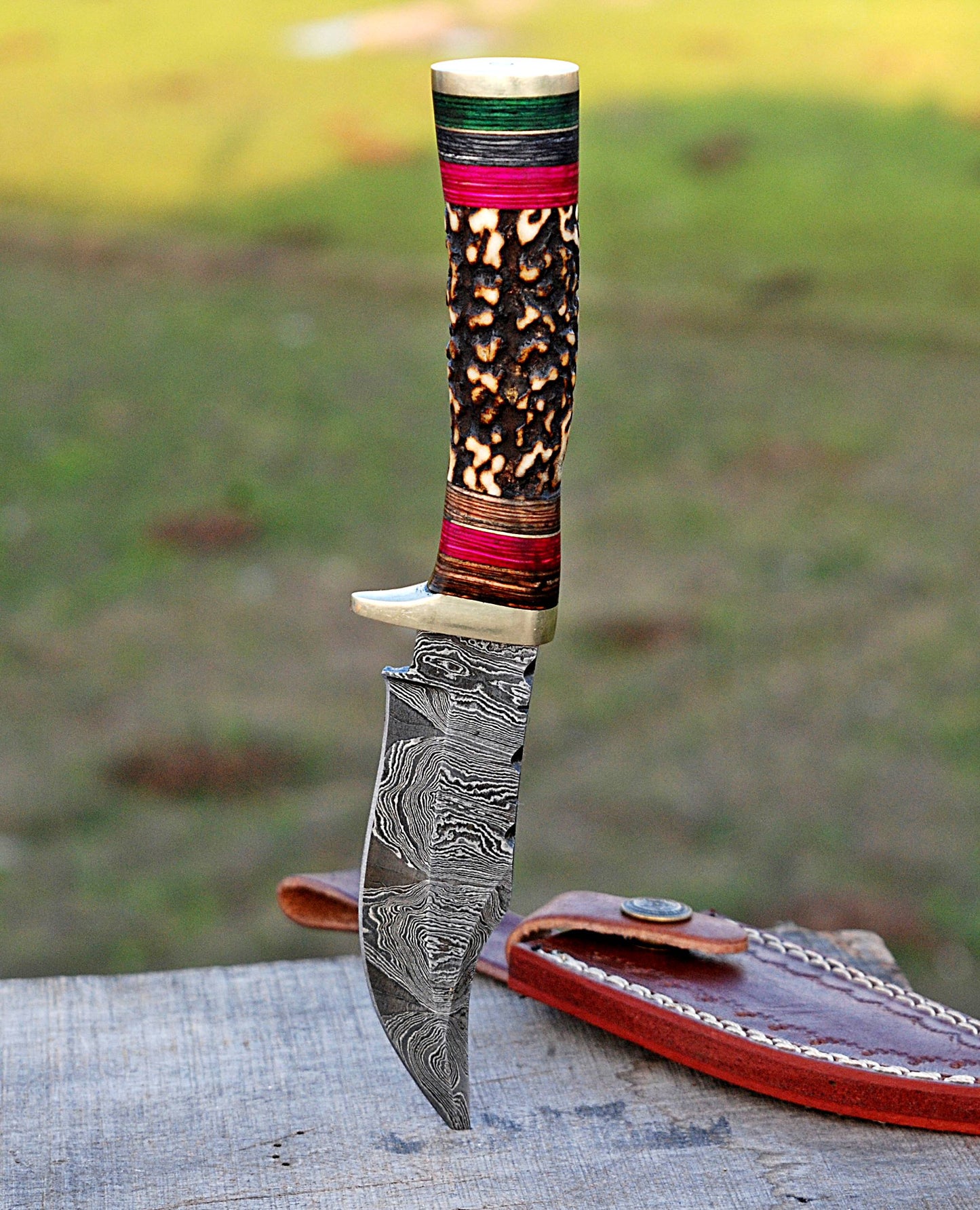 Handmade Damascus Steel Hunting Knife Original Stag Handle & Brass Guard with Leather Sheath