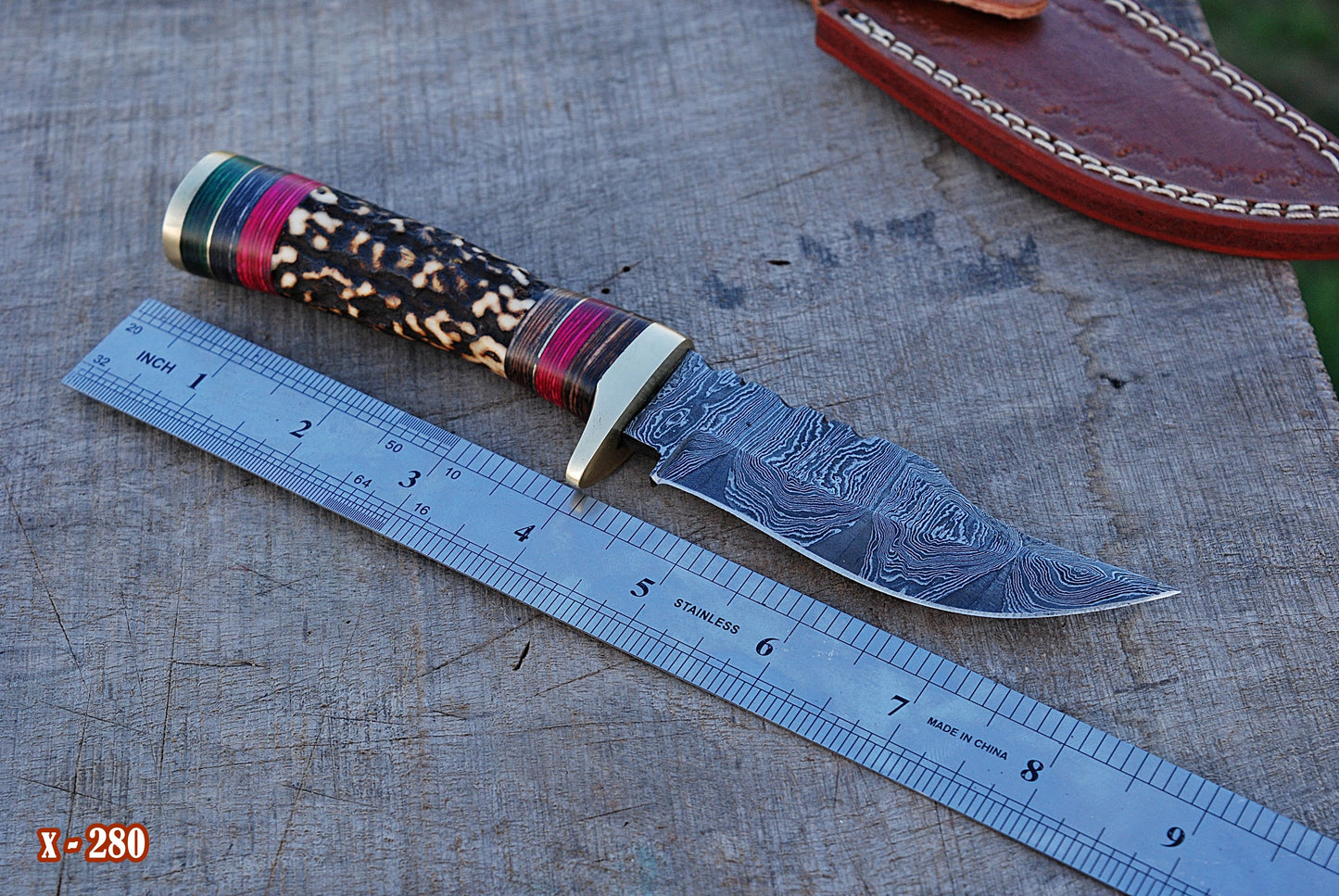 Handmade Damascus Steel Hunting Knife Original Stag Handle & Brass Guard with Leather Sheath