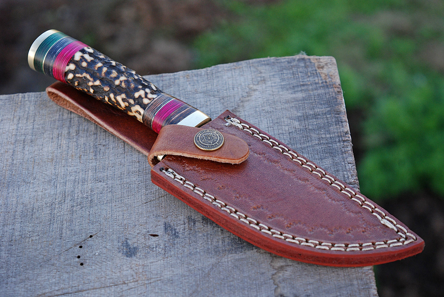 Handmade Damascus Steel Hunting Knife Original Stag Handle & Brass Guard with Leather Sheath