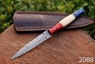 Handmade Damascus Steel Combat Knife Ideal Boot Knife Camel Bone & Wood Handle