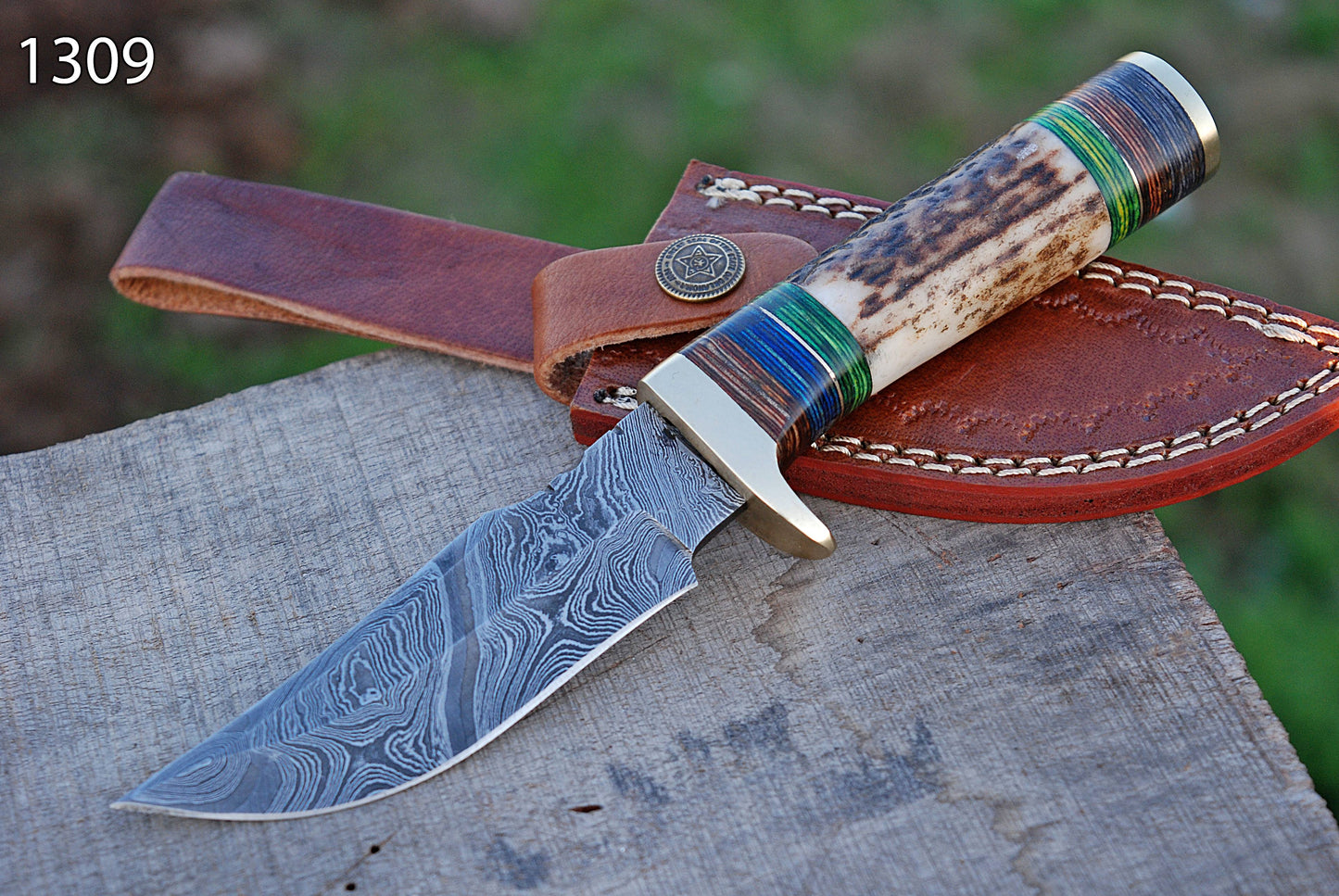 Stag Antler Knife Forged Damascus Skinner Knife Deer Stag Handle with Leather Sheath