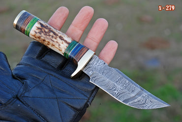 Stag Antler Knife Forged Damascus Skinner Knife Deer Stag Handle with Leather Sheath
