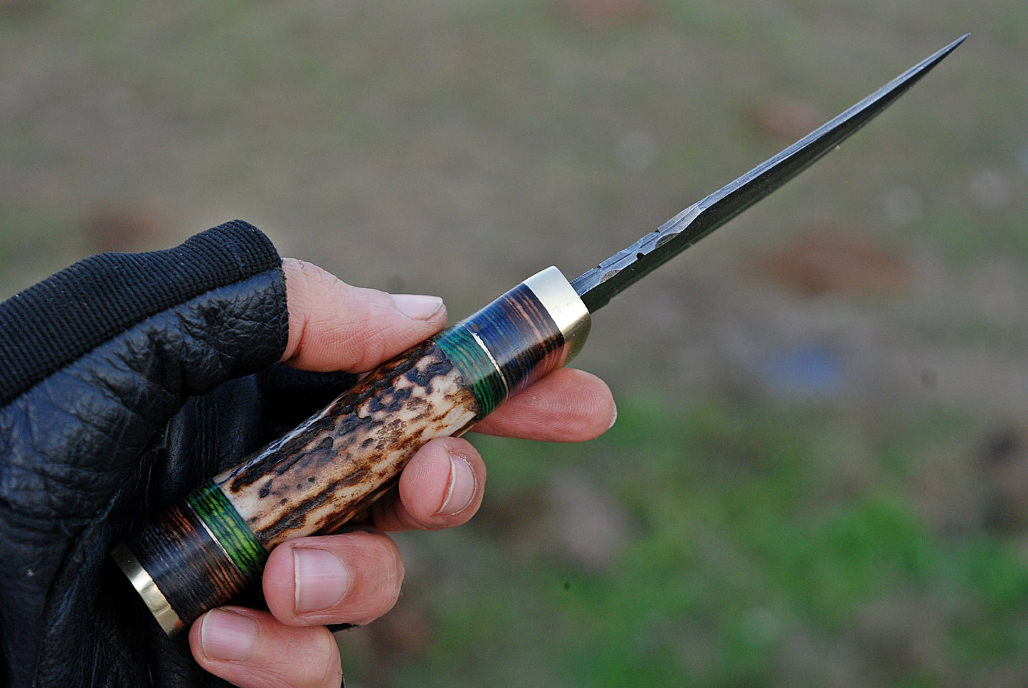 Stag Antler Knife Forged Damascus Skinner Knife Deer Stag Handle with Leather Sheath