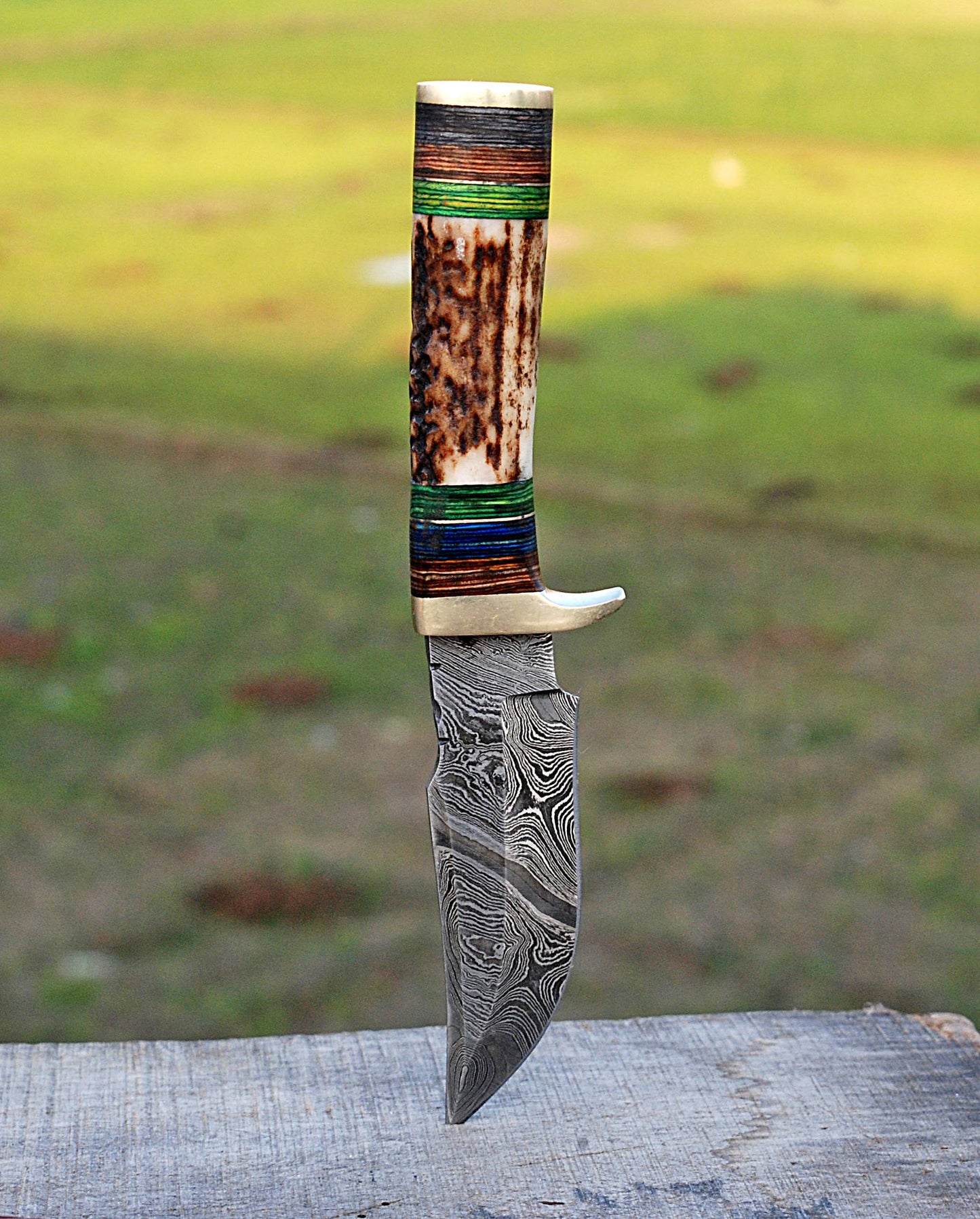 Stag Antler Knife Forged Damascus Skinner Knife Deer Stag Handle with Leather Sheath