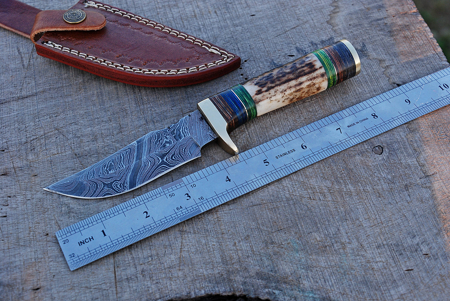 Stag Antler Knife Forged Damascus Skinner Knife Deer Stag Handle with Leather Sheath
