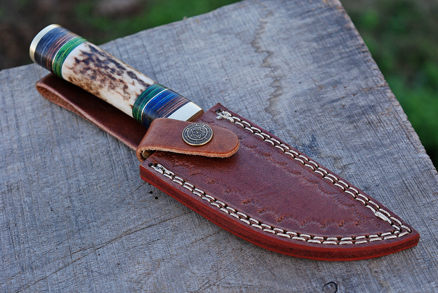 Stag Antler Knife Forged Damascus Skinner Knife Deer Stag Handle with Leather Sheath