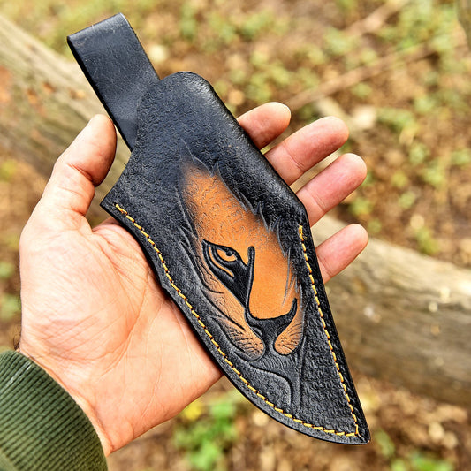 Hand Stitched Top Grain Leather Fixed Blade Knife Lion Engraved Sheath