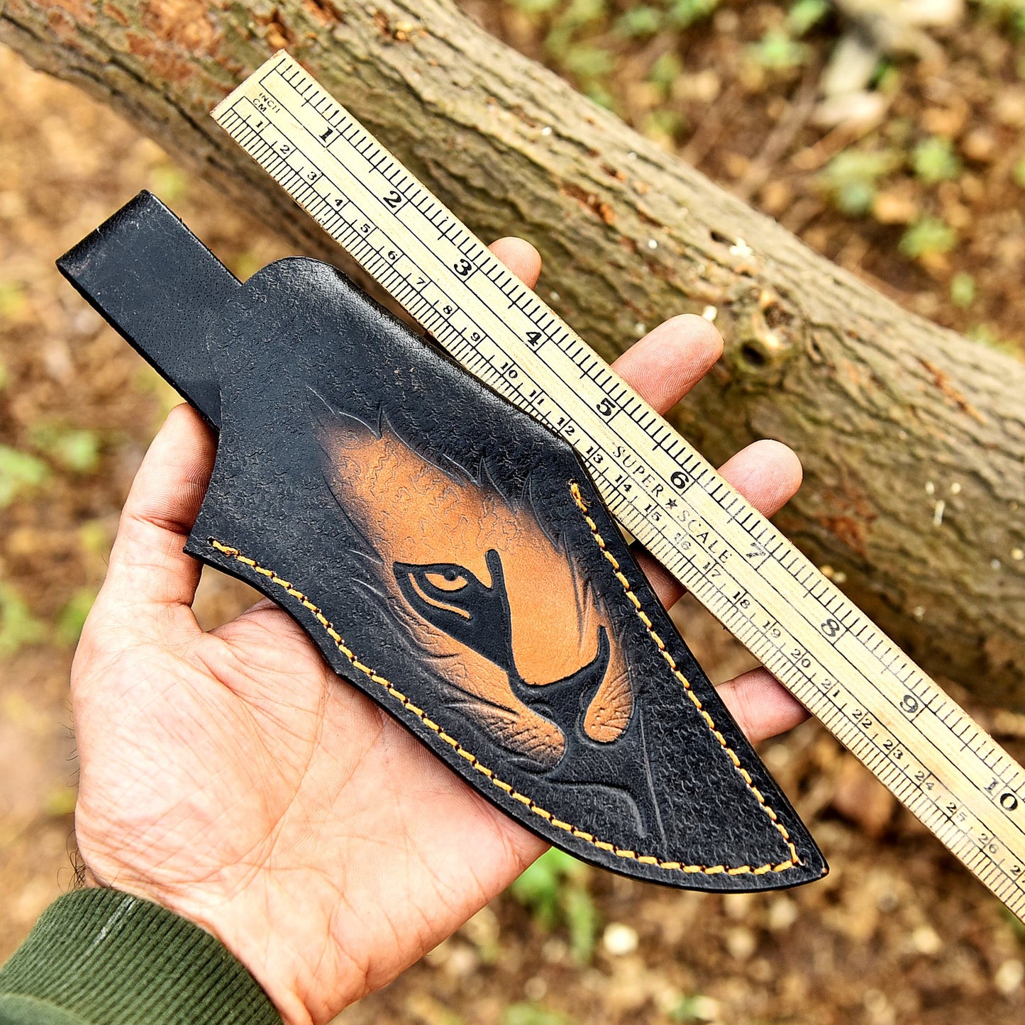 Hand Stitched Top Grain Leather Fixed Blade Knife Lion Engraved Sheath