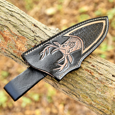 Handmade Top Grain Leather Deer Engraved Fixed Blade Knife Sheath
