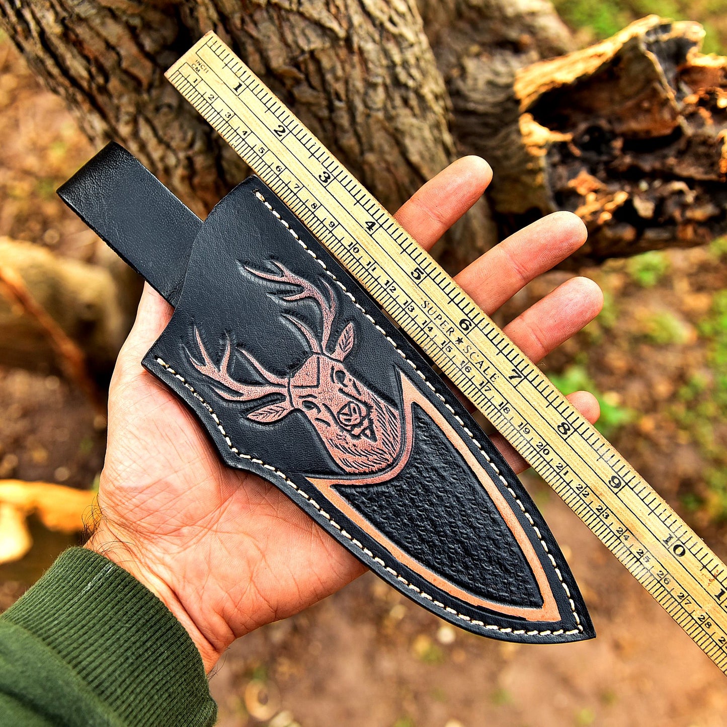 Handmade Top Grain Leather Deer Engraved Fixed Blade Knife Sheath
