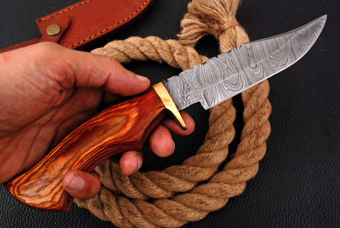 10 " Damascus Knife Ideal Outdoor Hunting Camping Bushcraft with Leather Sheath x-193