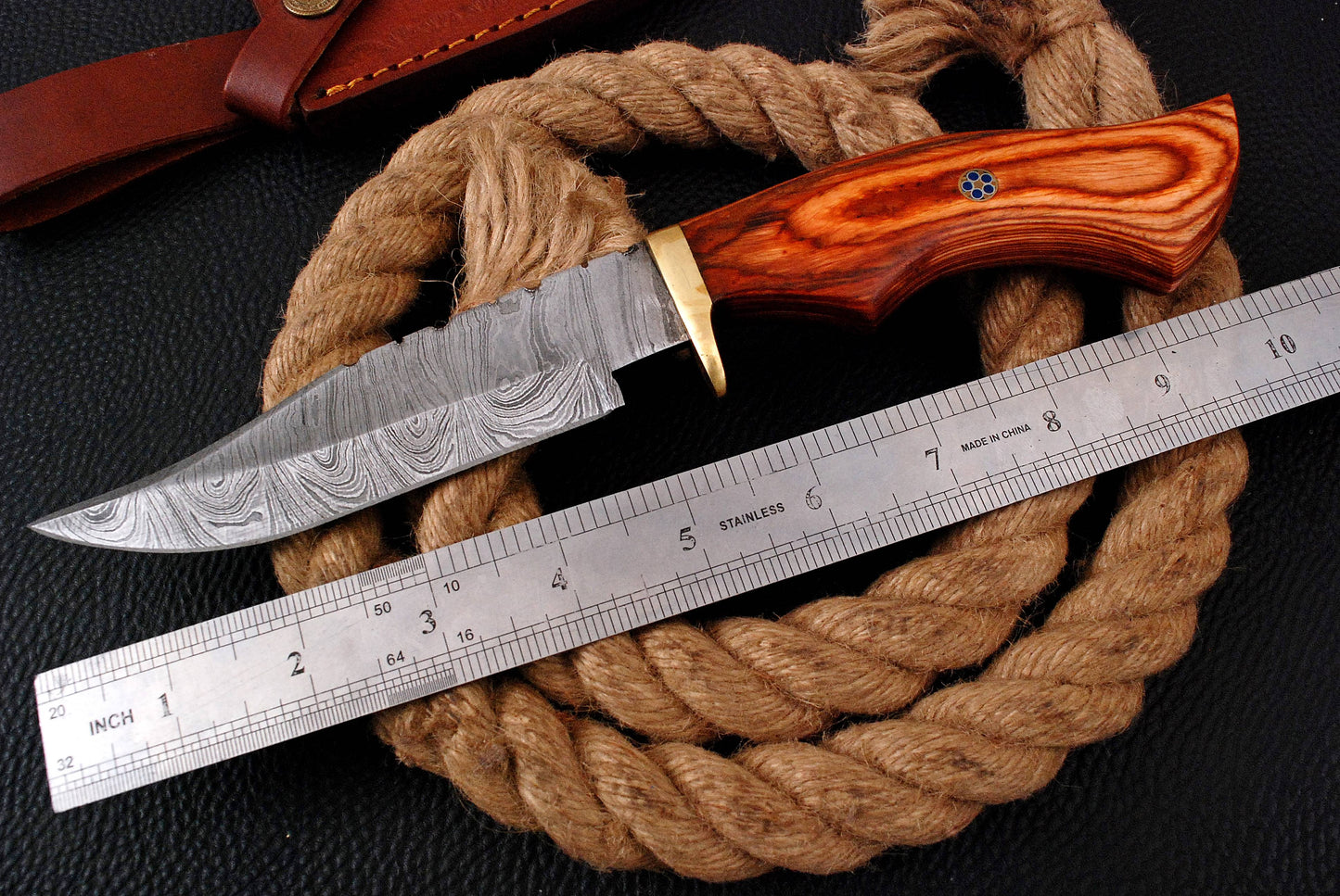 10 " Damascus Knife Ideal Outdoor Hunting Camping Bushcraft with Leather Sheath x-193