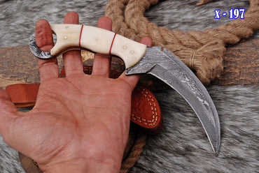 Handmade Damascus Steel Double - Edged Blade Knife Camel Bone Handle x-197