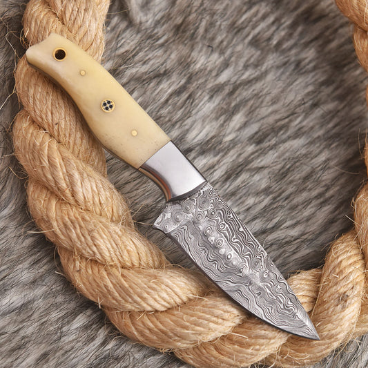 Handmade Damascus Steel Outdoor Tactical Skinner Knife Camel Bone Handle