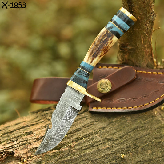 Hand Forged Damascus Steel Fixed Blade Hiking Camping Skinner Knife Stage Handle
