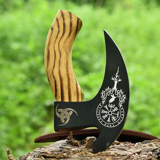 Small Forged Carbon Steel Pizza Cutter Axe with Burn Ash Wood Shaft - Viking Axe