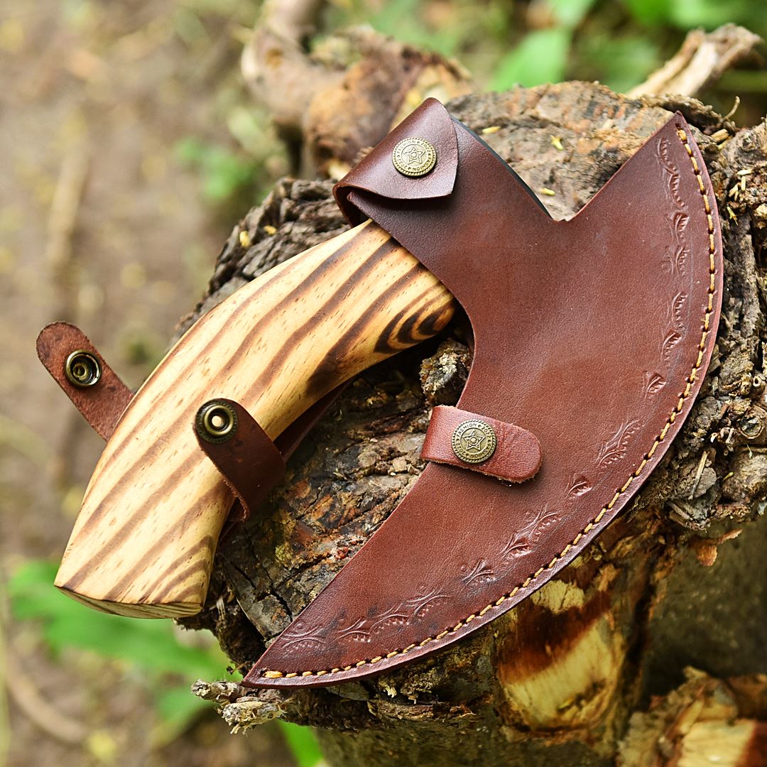 Small Forged Carbon Steel Pizza Cutter Axe with Burn Ash Wood Shaft - Viking Axe