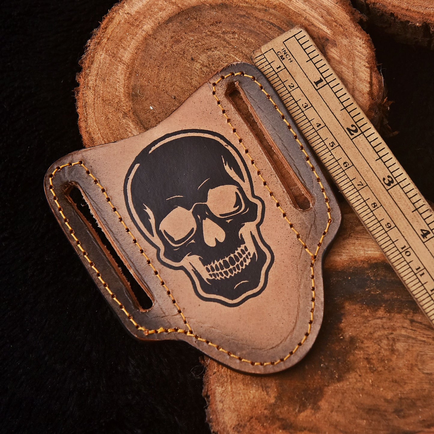 Handmade Skull Engraved Leather Folding Knife Sheath Tactical EDC Carry