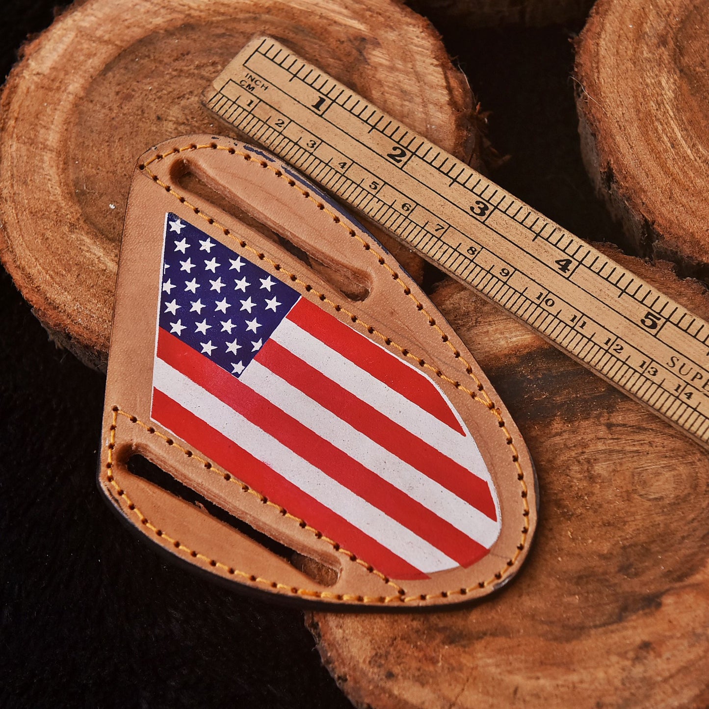 Handmade Heavy Duty American Flag Engraved Leather Folding Knife Sheath