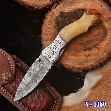 Handmade Damascus Steel Folding Blade Pocket Camping Knife Camel Handle
