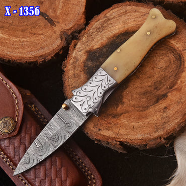 Handmade Damascus Pocket Folding Blade Knife Camel Bone Handle Camping Knife