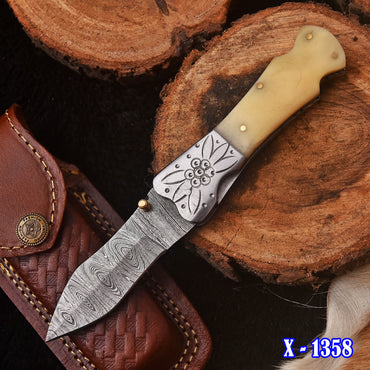 Handmade Damascus Folding Blade Pocket Knife Camel Bone Handle
