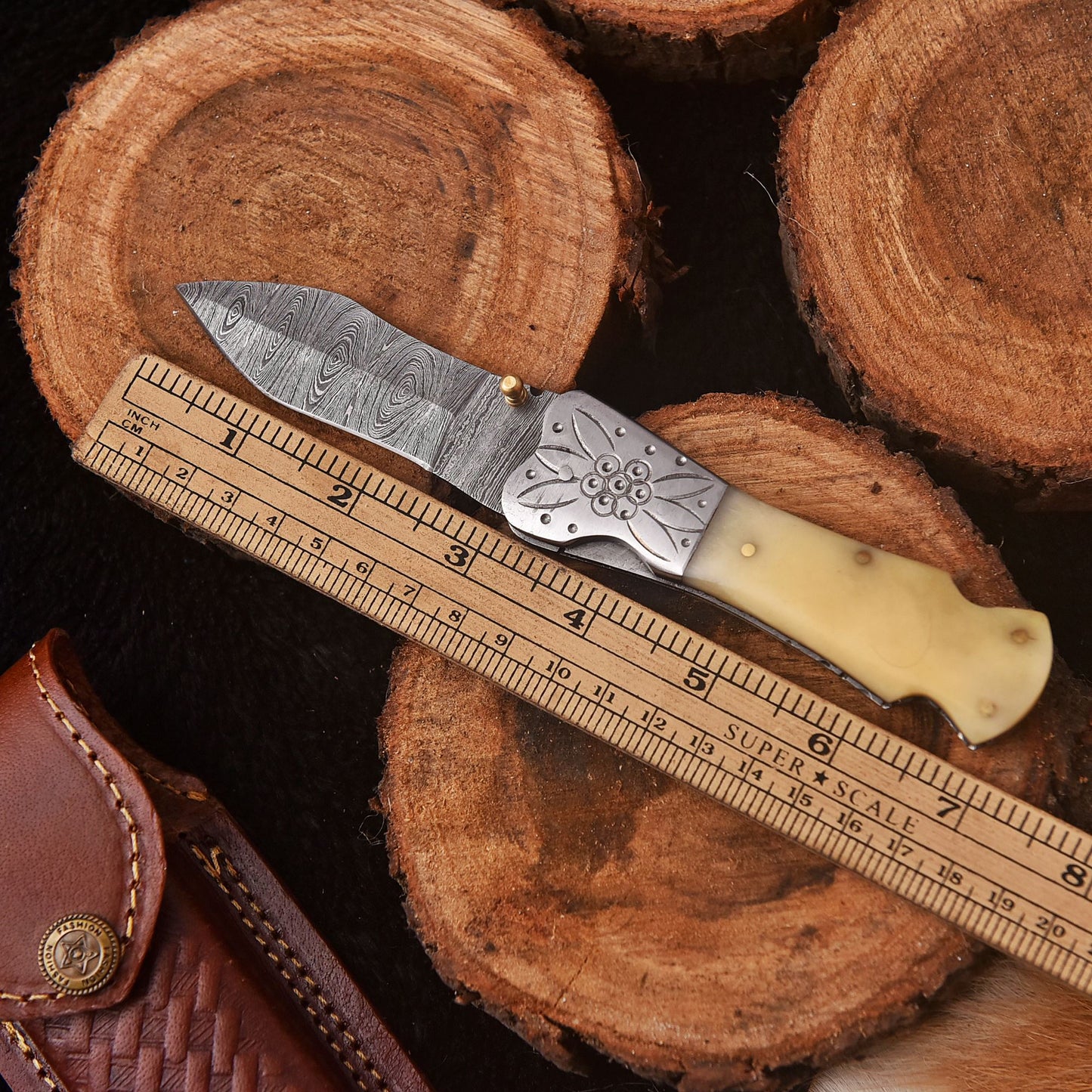 Handmade Damascus Folding Blade Pocket Knife Camel Bone Handle