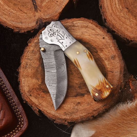 Handmade Damascus Folding Blade Pocket Hunting Knife Camel Bone Handle