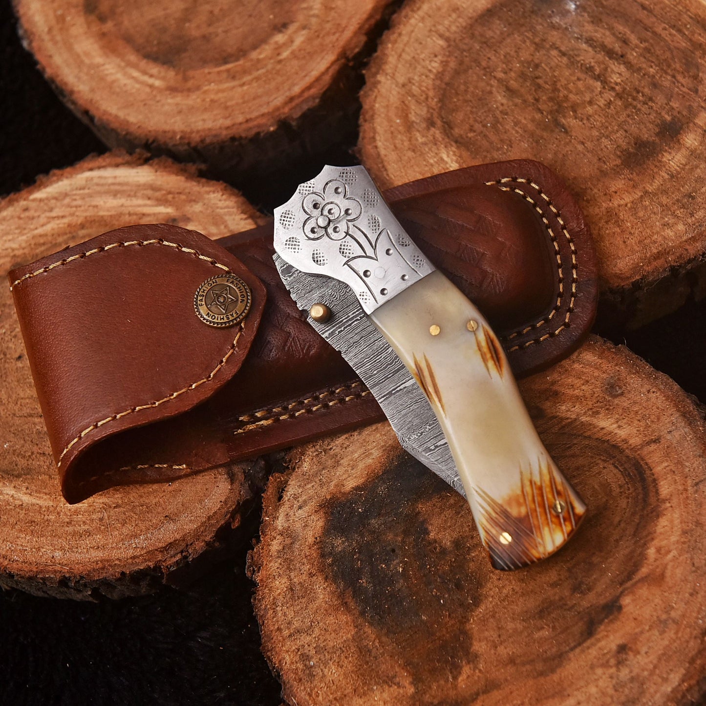 Handmade Damascus Folding Blade Pocket Hunting Knife Camel Bone Handle