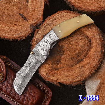 Handmade Damascus Folding Blade Pocket Camping Knife Camel Bone Handle