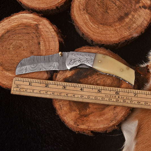 Handmade Damascus Folding Blade Pocket Camping Knife Camel Bone Handle