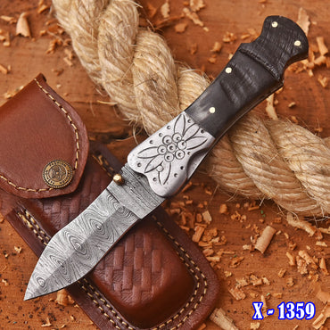 Handmade Damascus Folding Blade Hunting Pocket Knife Ram Horn Handle