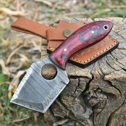 Handmade Damascus Steel Mini Cleaver Fixed Blade Knife EDC Utility Tool
