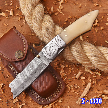 Handmade Damascus Steel Hunting Folding Blade Pocket Knife With Sheath