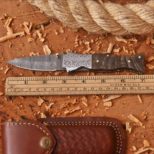 Handmade Damascus Pocket Folding Knife Ram Horn Handle Camping Knife