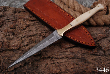 Handmade Damascus Steel Boot Knife Camel Bone Handle Brass Bolster x-148